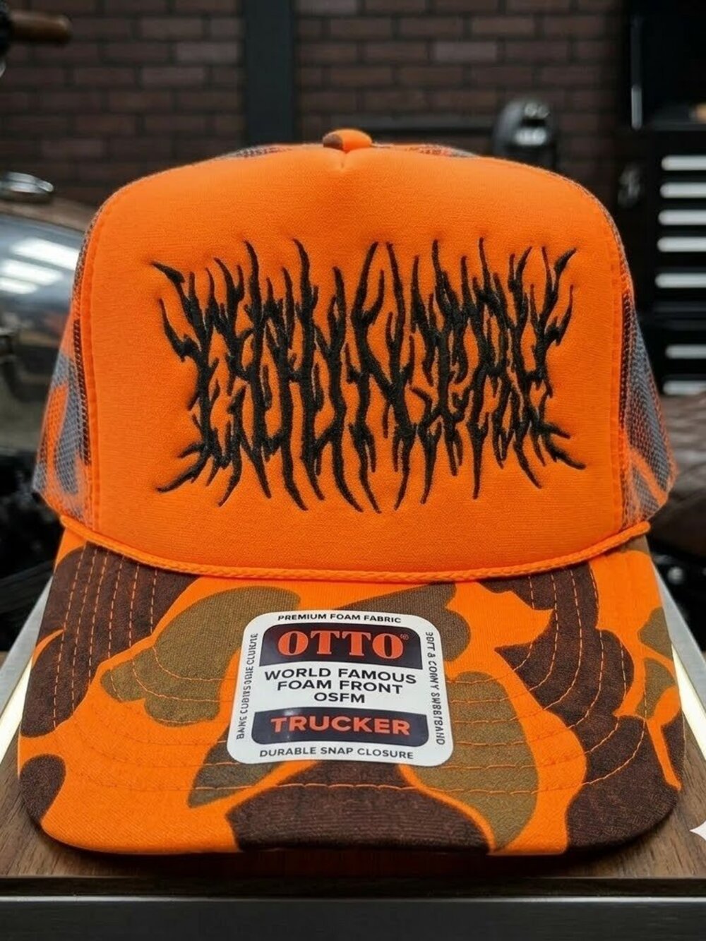 Death Metal Country Embroidered Blaze Orange Camo Foam Trucker Hat New Rocker